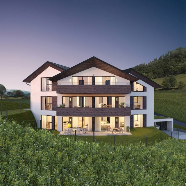 Das Mehrfamilienwohnhaus in Alpendorf wurde von Blaupause Immobilien so geplant, dass sich der atemberaubende Ausblick aus allen Wohneinheiten bietet.